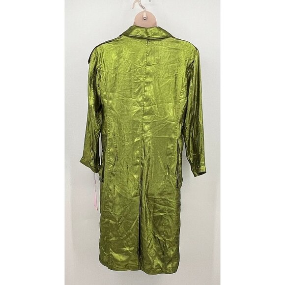 Avec Les Filles Trench Coat Size M Green Crinkle Satin Double Breasted-Flawed - Picture 2 of 15